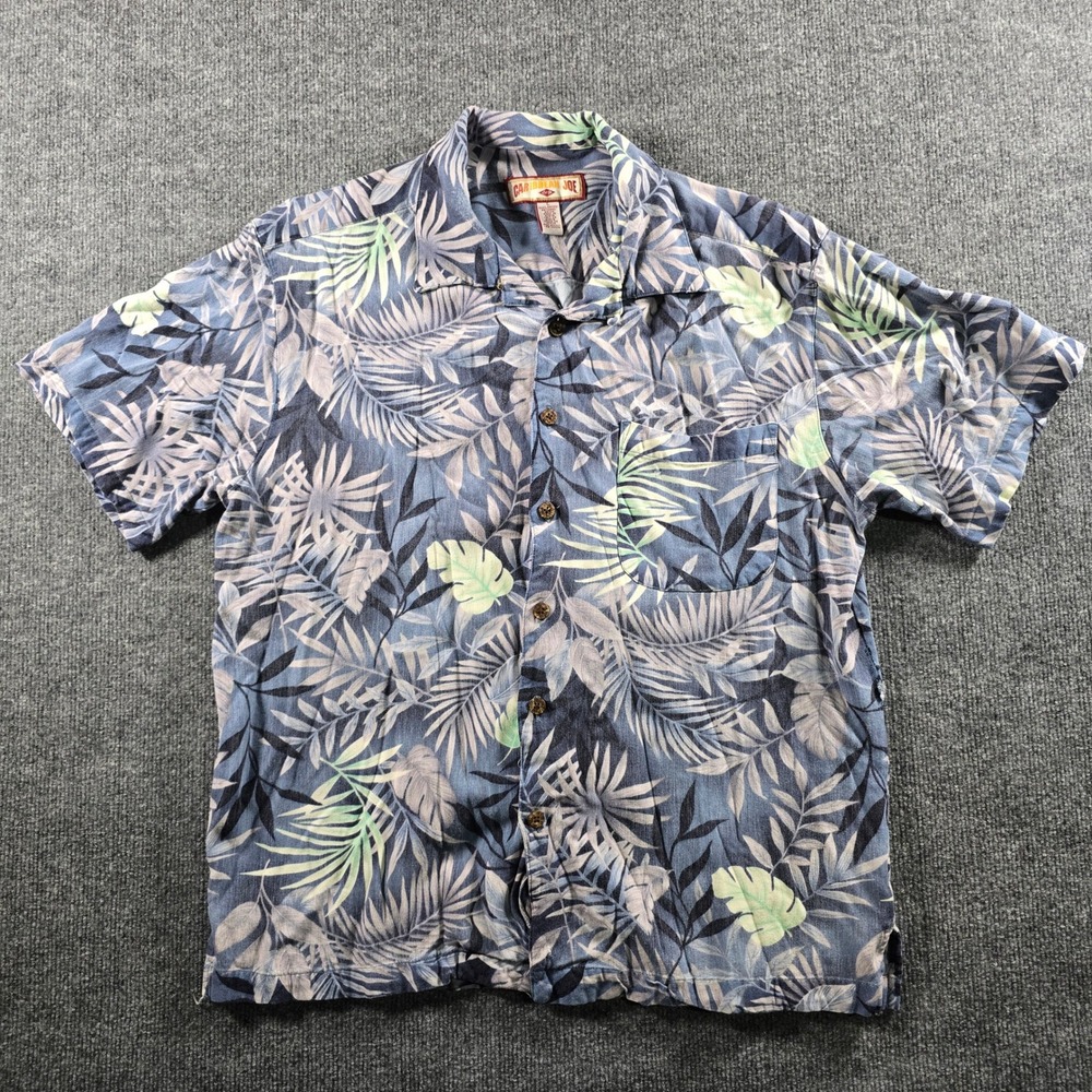 Caribbean Joe Mens Large Blue Tropical Palm Leaf Rayon Short Sleeve Camp Shirt